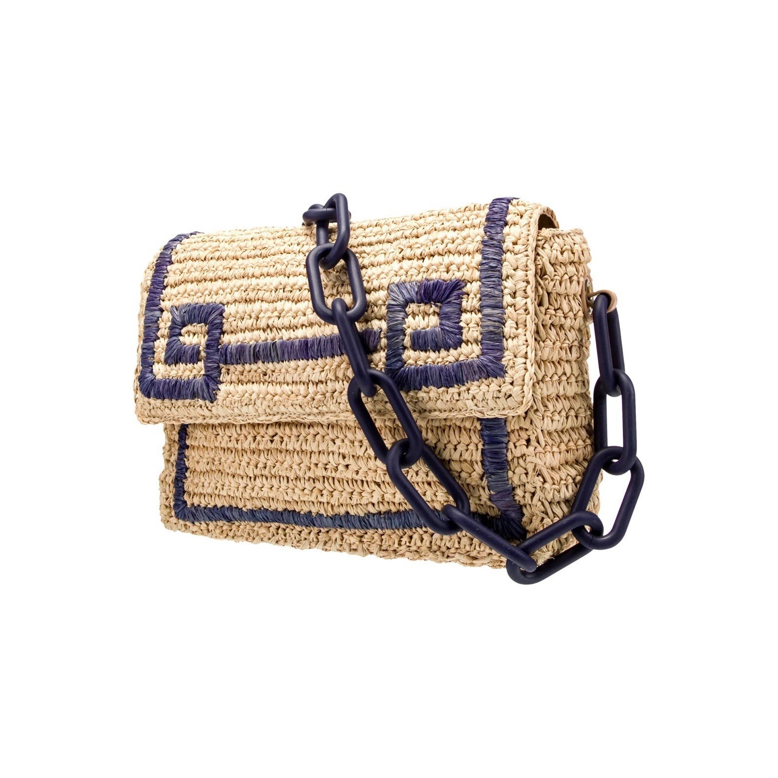 Pamela Munson Greek Key Shoulder Bag Hand-Crafted Crochet Raffia Beige W/Blue